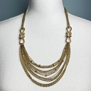 Vintage 1980s Liquid Gold Multi Strand Bib Necklace Nautical Knot Waterfall